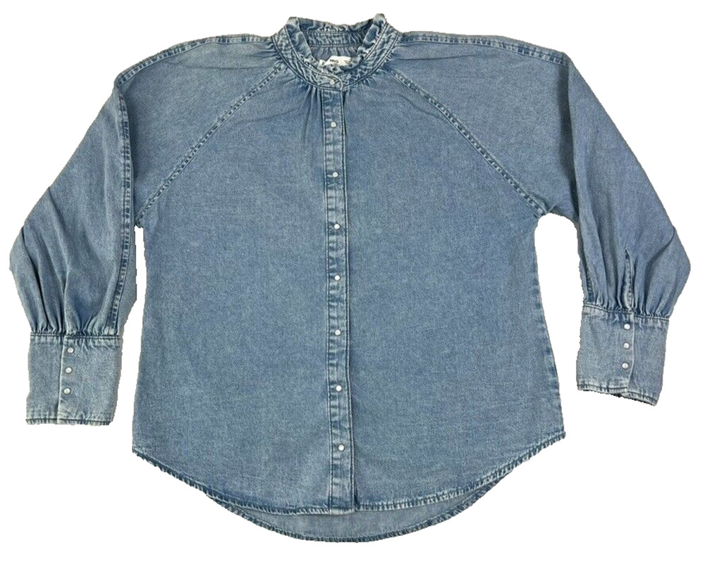 MANGO Shirt Womens Size 6 Frill Collar Denim Raglan Sleeves Snap Button